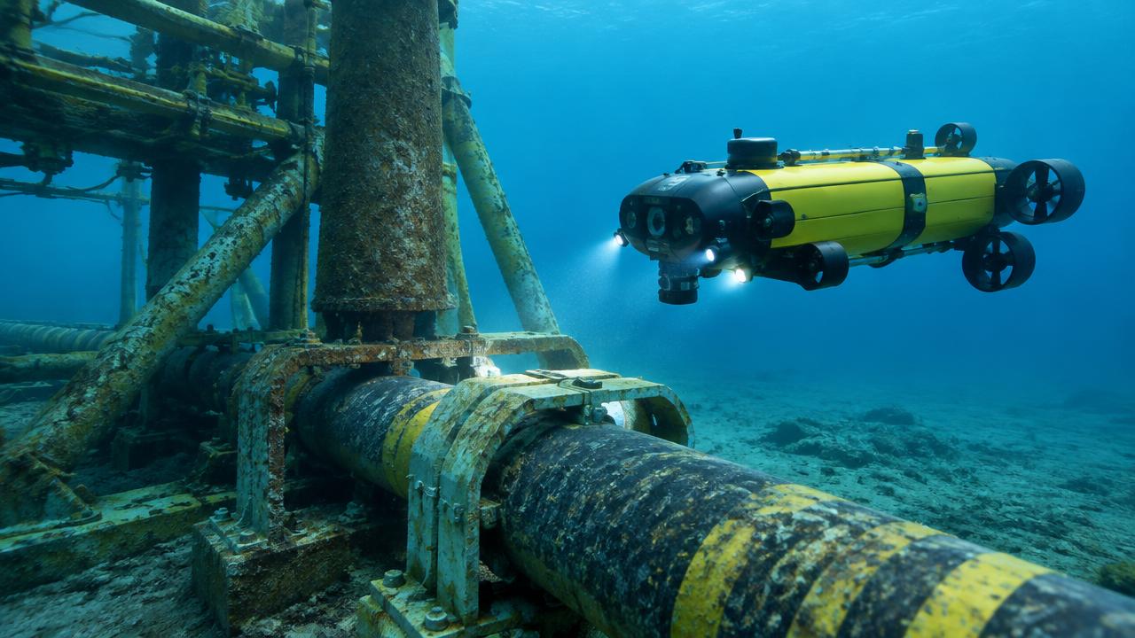 Imagem ilustrativa de veículo autônomo submarino próximo a duto e estrutura submersa