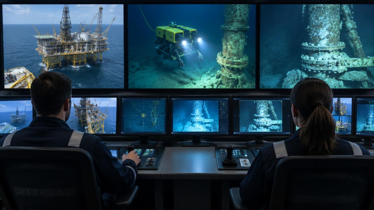 Imagem ilustrativa de operadores em centro de controle observando inspeção submarina