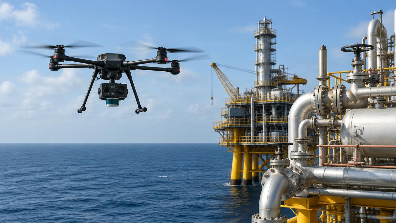 Imagem ilustrativa de drone com sensor próximo a equipamentos offshore